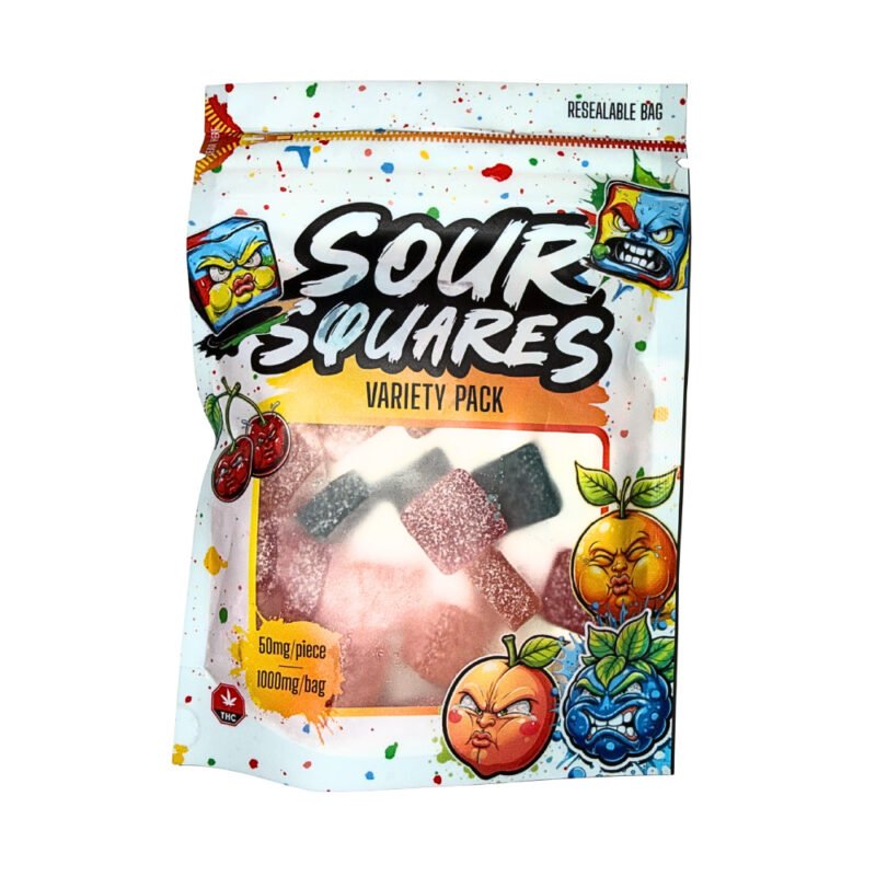 Premium Sour Squares verpakking met gekleurde thc gummies in verschillende smaken